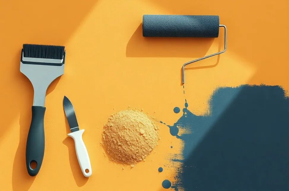 Outils de peinture disposés dans l'ordre des étapes du chantier