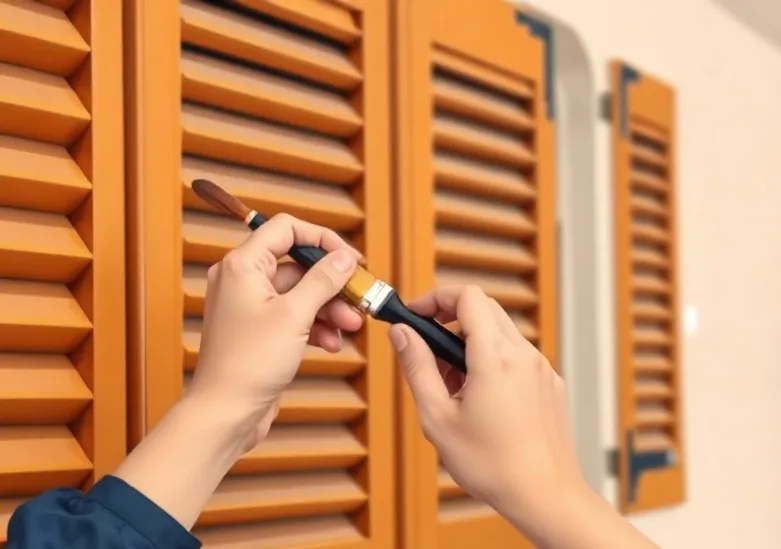 Mise en peinture au pinceau de volets et d'encadrements en bois