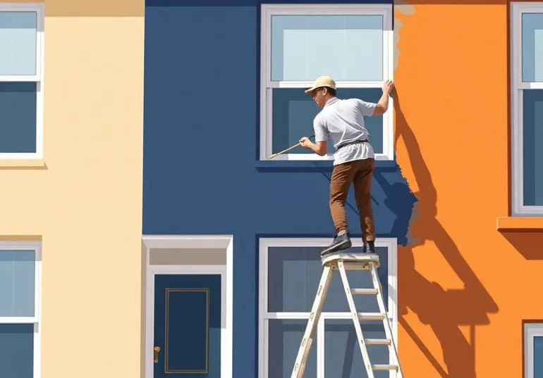 Peintre sur échafaudage traitant la façade d'une maison