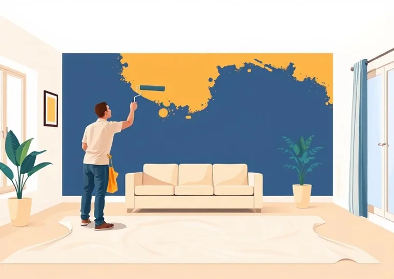 Peintre appliquant la peinture au rouleau sur un mur de salon